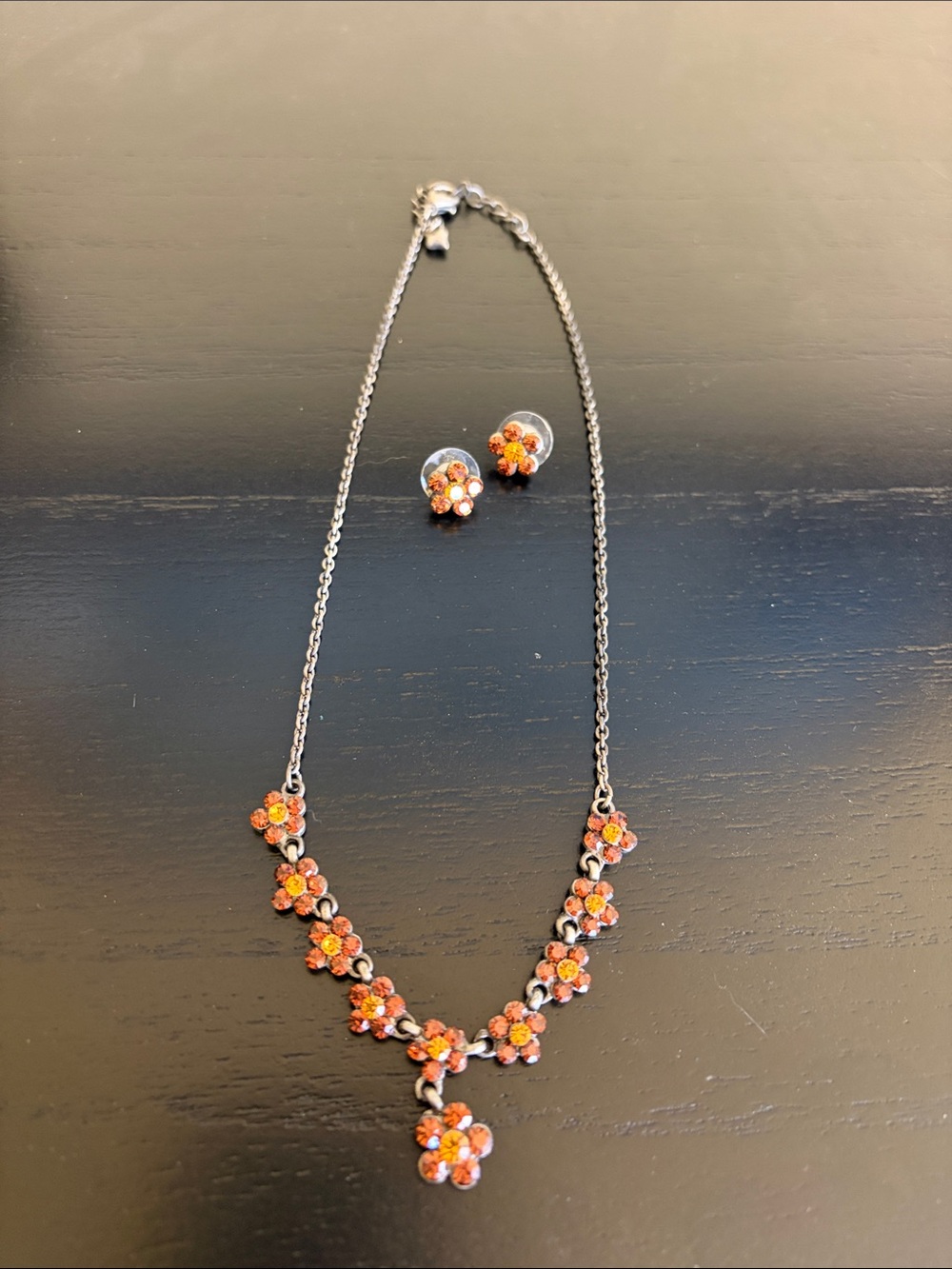 Delicate Orange Floral Necklace & Stud Earring Set